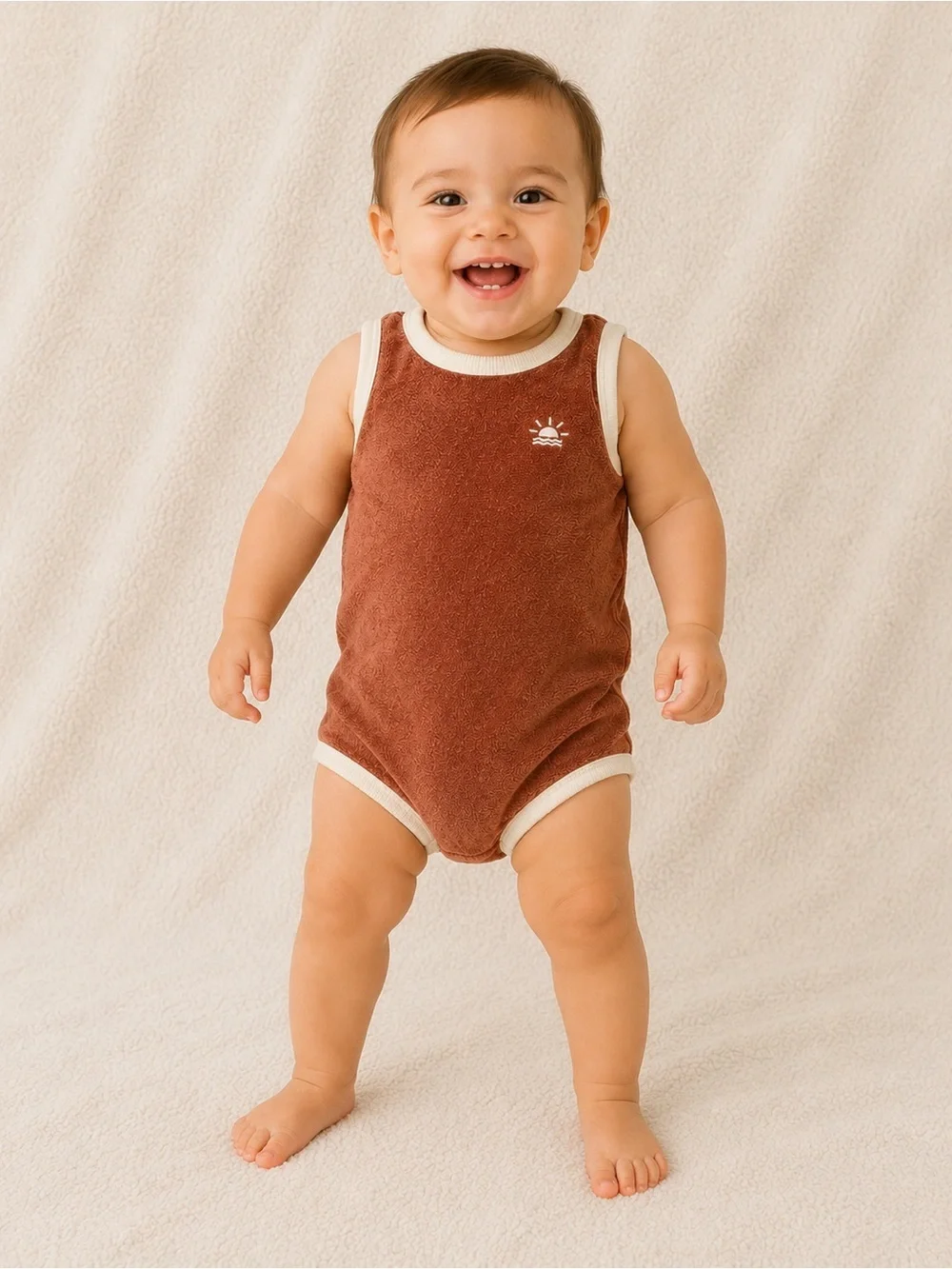12 MTH Kids Sleeveless Terry One-Piece Bodysuit - Rust with Cream Trim